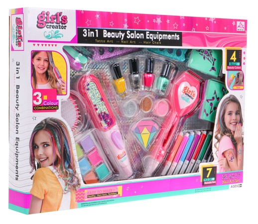 Mega zestaw do stylizacji 3w1 dla dziewczynki – Kolorowe włosy + Manicure + Tatuaże