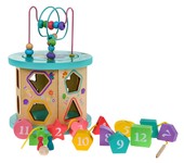 Drewniana multikostka edukacyjna 4w1 dla dzieci– sorter przeplatanka planszówka