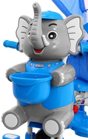 3-kołowy Rowerek dla dzieci Słonik Niebieski + Dźwięki + Daszek + Barierka + Podnóżek + Rączka + Płozy + Schowek
