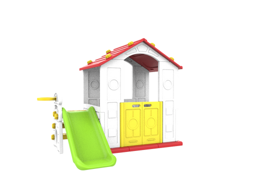 Domek Ogrodowy 3w1 dla dzieci Czerwony Dach + Zjeżdżalnia + Koszykówka