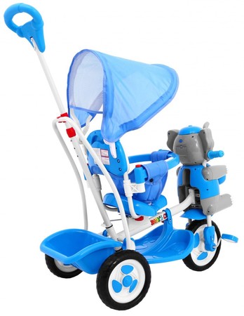 3-kołowy Rowerek dla dzieci Słonik Niebieski + Dźwięki + Daszek + Barierka + Podnóżek + Rączka + Płozy + Schowek