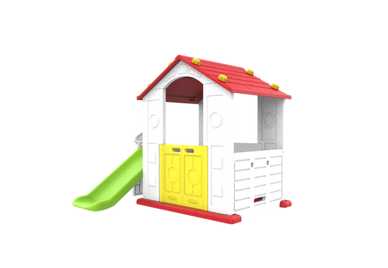 Domek Ogrodowy 3w1 dla dzieci Czerwony Dach + Zjeżdżalnia + Koszykówka