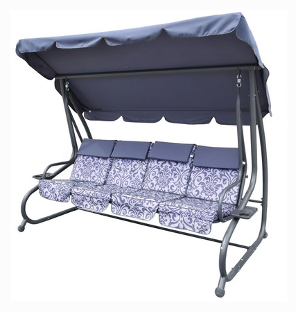 Duża Huśtawka ogrodowa 4-osobowa Szary + Tekstylina + Daszek + Regulowane siedzisko + 4 Poduszki