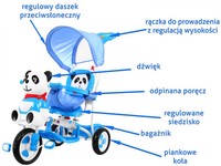3-kołowy Rowerek dla dzieci Panda Niebieski + Dźwięki + Daszek + Barierka + Podnóżek + Rączka + Płozy + Schowek