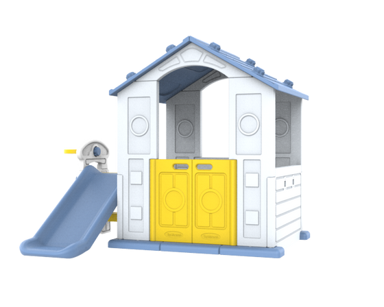 Domek Ogrodowy 3w1 dla dzieci Niebieski Dach + Zjeżdżalnia + Koszykówka