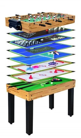 Stół do gier 12w1 dla dzieci i dorosłych + Płyta MDF 105x57x71cm + Piłkarzyki Cymbergaj Bilard Tenis stołowy Szachy Kręgle