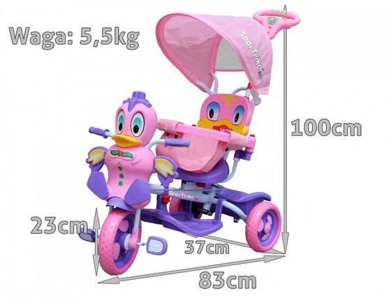 3-kołowy Rowerek dla dzieci Kaczka Fioletowy + Dźwięki + Daszek + Barierka + Podnóżek + Rączka + Schowek