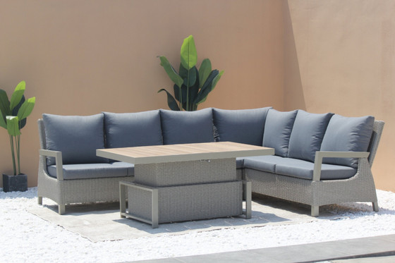 Zestaw rodzinnych Mebli ogrodowych Techorattan Szary + Duży Narożnik + Regulowany Stół + 13 Poduszek