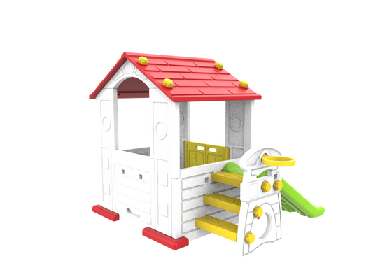 Domek Ogrodowy 3w1 dla dzieci Czerwony Dach + Zjeżdżalnia + Koszykówka