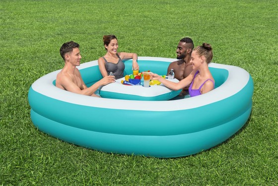Dmuchany Basen dla rodziny 218x218x48 BESTWAY + Pływający Stolik Wyspa na napoje