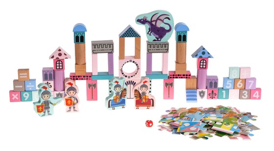 Drewniany zestaw Klocków Zamek z Rycerzami dla dzieci 3+ Drewniane Figurki + Sorter kształtów + Mata z puzzli + Gra Chinczyk