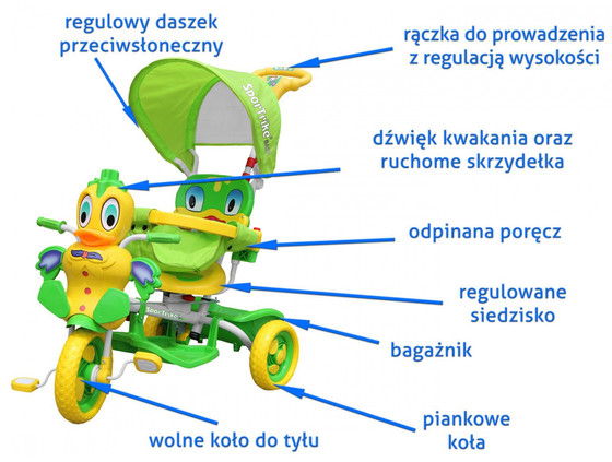 3-kołowy Rowerek dla dzieci Kaczka Zielony + Dźwięki + Daszek + Barierka + Podnóżek + Rączka + Schowek