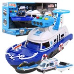 Interaktywne Policyjna łódź 2w1 dla dzieci 3+ Schowek na resoraki + 3 pojazdy + Światła Dźwięki