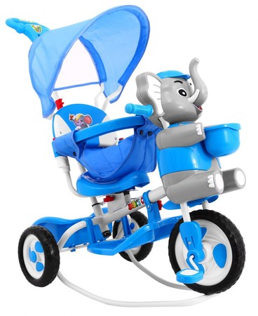 3-kołowy Rowerek dla dzieci Słonik Niebieski + Dźwięki + Daszek + Barierka + Podnóżek + Rączka + Płozy + Schowek