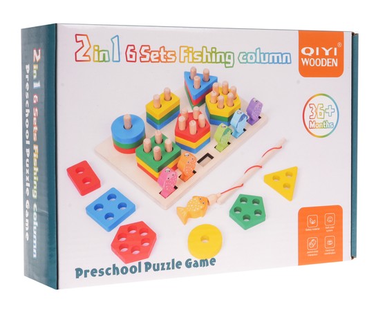 Drewniana Zabawka Edukacyjna 2w1 dla dzieci 3+ Układanka sensoryczna + Gra Łowienie rybek