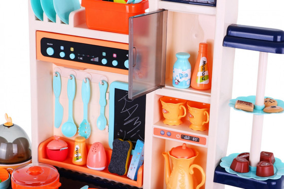 Stylowa niebieska Kuchnia dla dzieci 3+ Kran z wodą + Interaktywny palnik z parą + Panel audio 65 el.